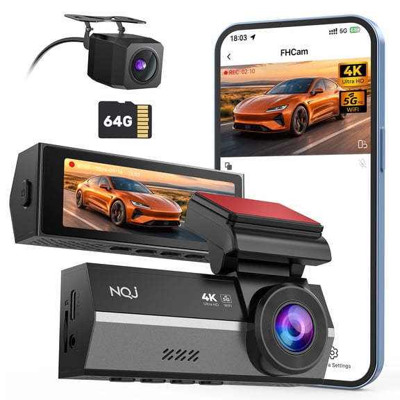 Dash Cams Front and Rear, NQJ 4K+2K Dual Dash Camera for Cars 64GB Card, 3.2" Display, Front 170, Rear 120, Parking Mode, Clear Night VisionG-sensorLoop Recording,24/7 Parking Guard