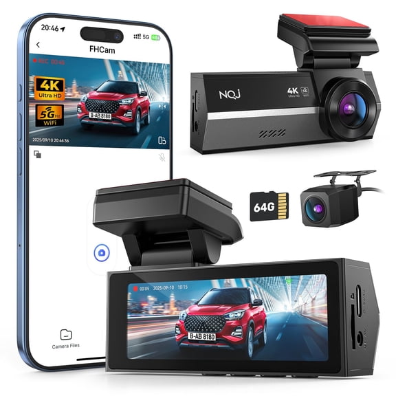 Dash Cams Front and Rear, NQJ 4K+2K Dual Dash Camera for Cars w 64GB Card, 5GHz Wi-Fi & App, G-Sensor, 3.2 Screen, 24H Parking Mode, 170Wide Angle, Night Vision