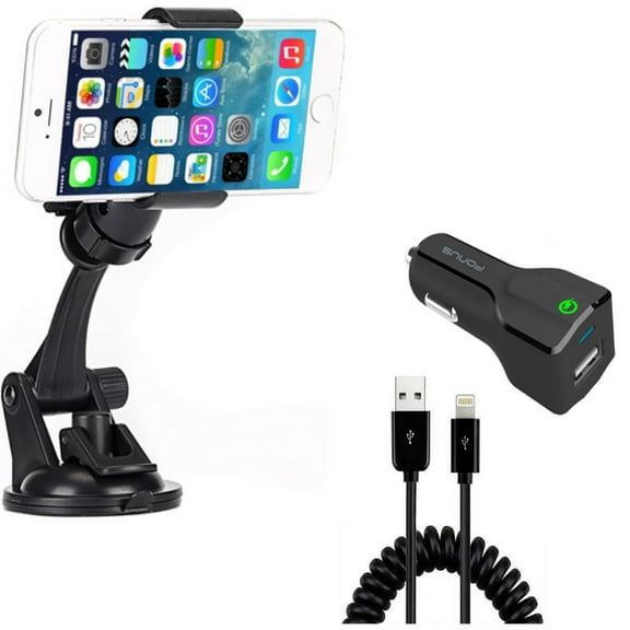 Dash Car Mount w 24W Fast Car Charger for iPhone SE (2022) - Windshield Holder Cradle Swivel Dock Suction Stand, 2-Port USB Coiled Cable Quick Charge DC B9X for iPhone SE (2022) (3rd Generation)
