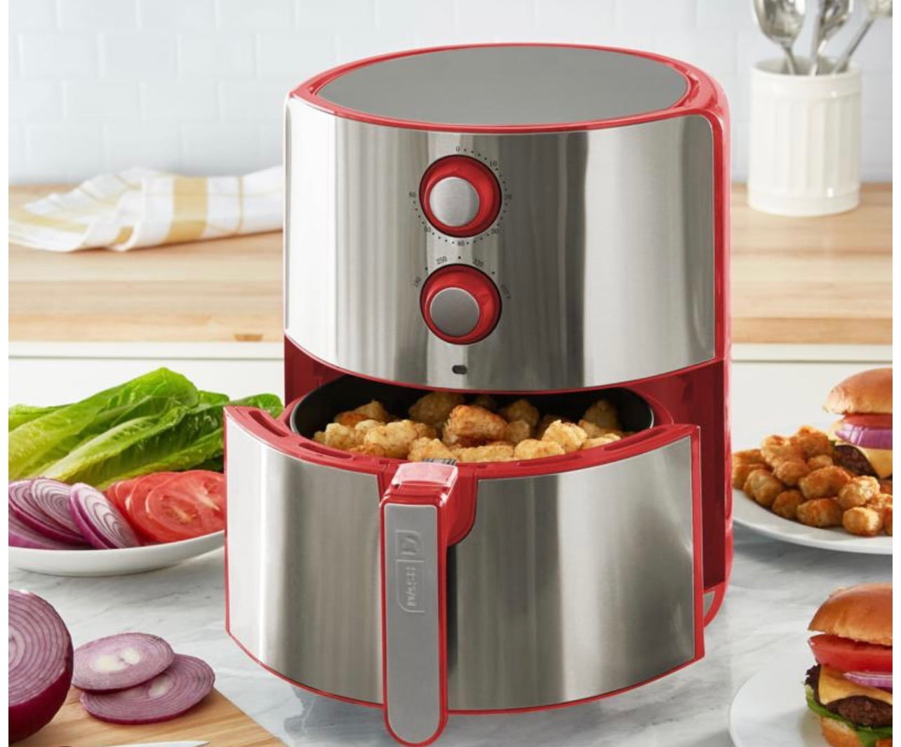 Dash Chef Series 5 qt Air Fryer, Silver and Red - Nonstick, AirCrisp ...