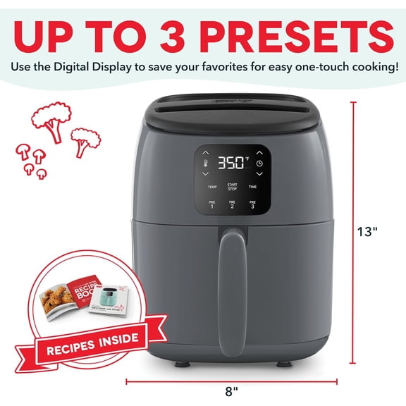 Dash Digital Tasti-Crisp Air Fryer, 2.6 Quarts, Compact Electric Fryer with Auto Shut-Off and Cool Grey Finish for Small Kitchens