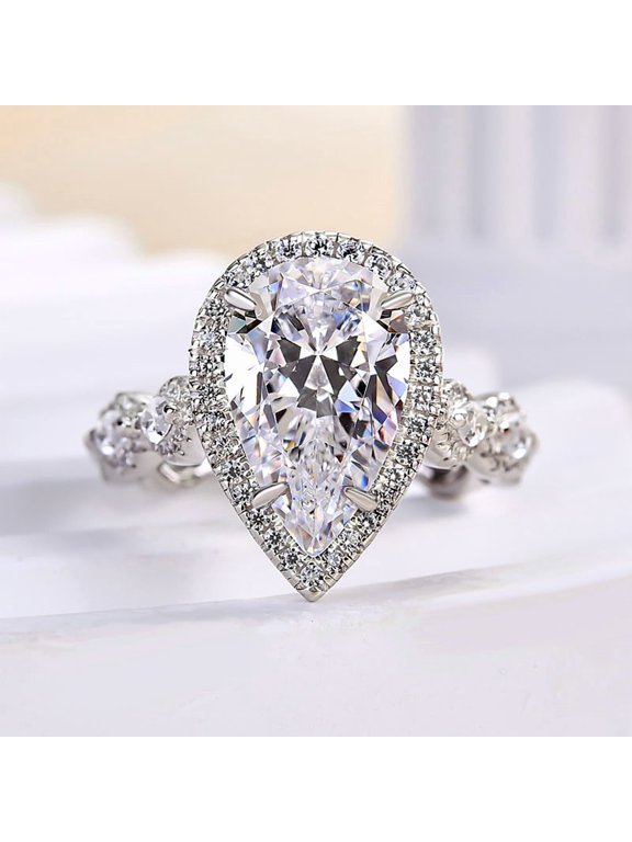 1.6 Ct Pear Cut Lab-Created Simulated Diamond Halo Engagement Ring for Women 14K White Gold Plated