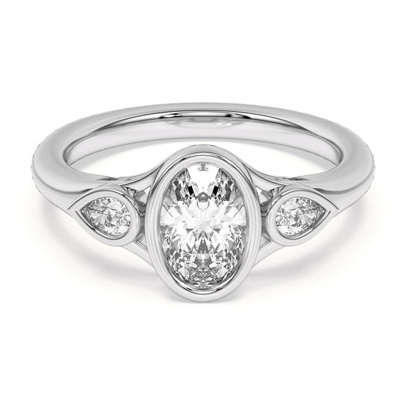 Dash Jewel 1.7 Ct Lab Created Diamond Ring - 14K White Gold Plated 3 Stone Bezel Set Engagement Wedding Ring - Oval Excellent Cut Diamond Ring for Her - Gift for Lasting Memories and Affection
