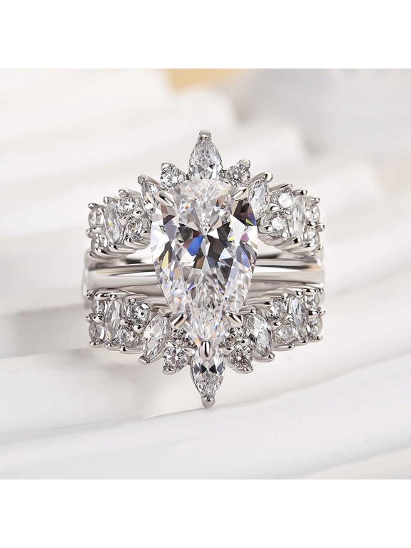 1.7 Ct Pear Cut Lab-Created Simulated Diamond Halo Engagement Ring Set with Enhancer Band, 14K White Gold Plated, Bridal Gift