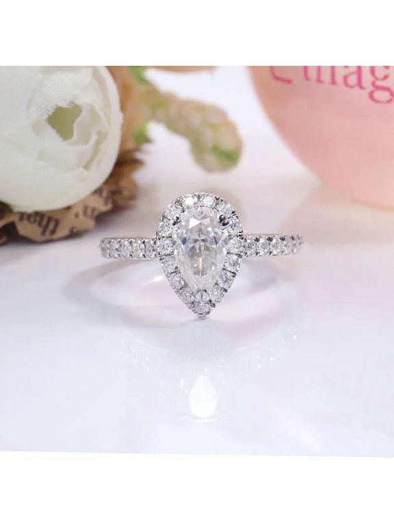 1.8 Ct Pear Cut Lab-Created Simulated Diamond Wedding Ring 14K White Gold Plated Solitaire with Accents Halo Design for Women