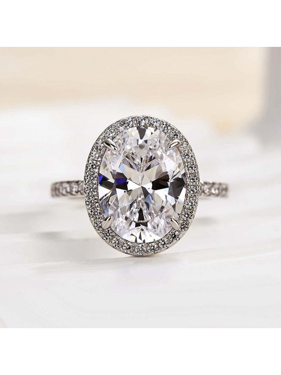 1.9 Ct Oval Cut Lab-Created Simulated Diamond Ring 14K White Gold Plated Solitaire with Accents Halo Ring
