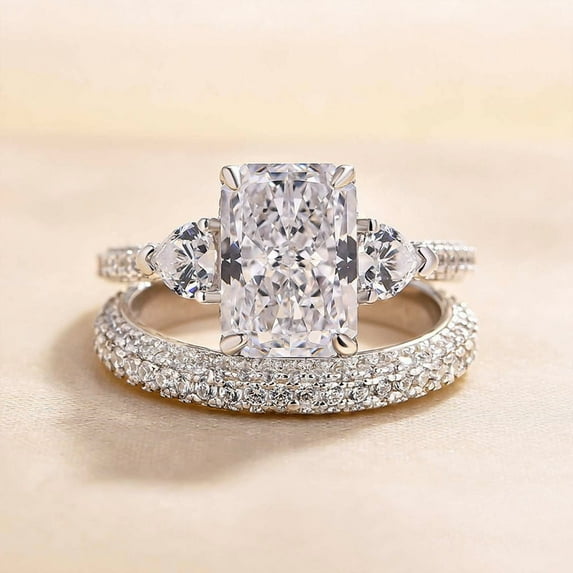 Dash Jewel 14K White Gold Plated 2 Ct Radiant Cut Diamond Wedding Ring - Stunning Three Stone Design with Accents - Engagement Ring for Women - Timeless Piece to Cherish and Celebrate Forever