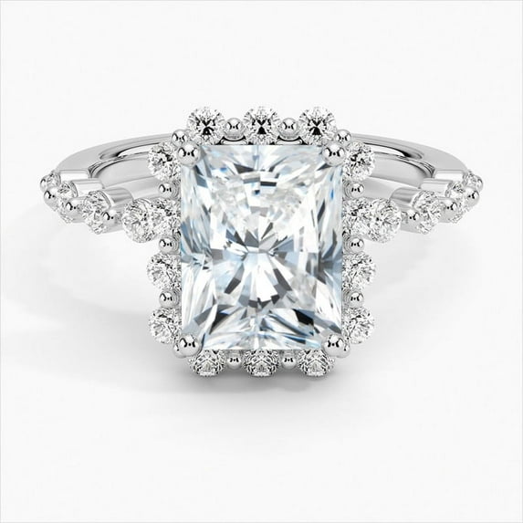 Dash Jewel 14K White Gold Plated Wedding Anniversary Ring - Excellent 2.1 Ct Emearld Cut Lab Created Simulated Diamond Ring - Halo Diamond Rings for Women's - Solitaire with Accent Diamond Rings