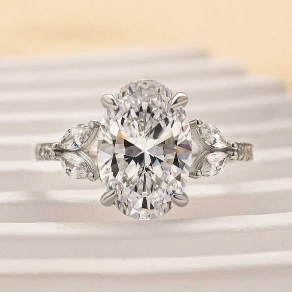Dash Jewel 14k White Gold Plated Ring - 2.5 Ct Oval Cut VVS1/D Lab Created Simulated Diamond Women's Ring - Simple Solitaire with Accents and Leaf Shape Ring - Perfect Gift for Her Special Day