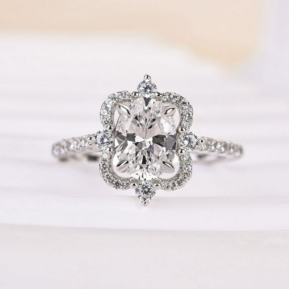 Dash Jewel 14k White Gold Plated Wedding Ring - 1.8 Ct Oval Cut VVS1/D Lab Created Simulated Diamond Women's Engagement Ring - Simple Solitaire with Accents Floral Halo Wedding Ring for Her