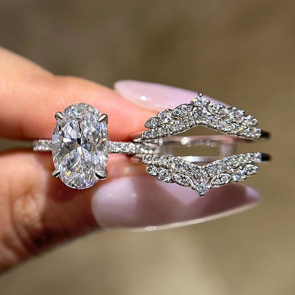 Dash Jewel 14k White Gold Plated Wedding Ring - 1.9 Ct Oval Cut VVS1/D Lab Created Simulated Diamond Women's Engagement Ring for Her - Bridal Set Solitaire with Accents Wedding Ring for Women's