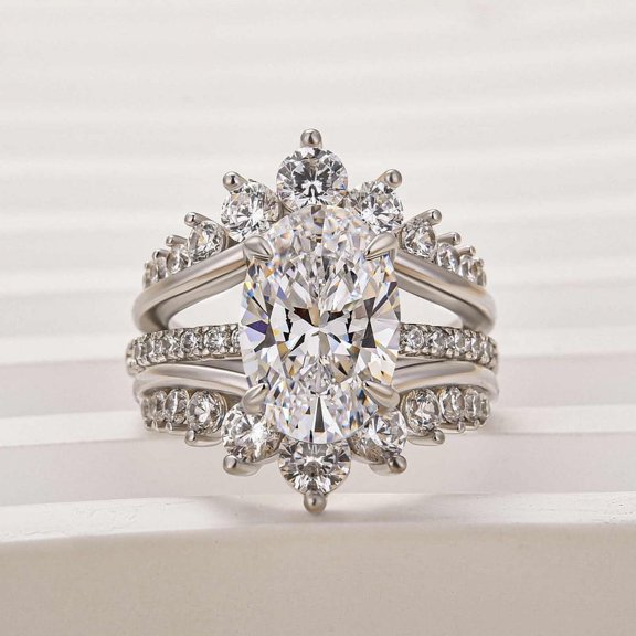 Dash Jewel 14k White Gold Plated Wedding Ring - 2.1 Ct Oval Cut VVS1/D Lab Created Simulated Diamond Women's Ring - Bridal Set with Two Matching Bands Ring - A Perfect Gift for Her Special Day