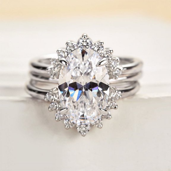 Dash Jewel 14k White Gold Plated Wedding Ring - 2.3 Ct Oval Cut VVS1/D Lab Created Simulated Diamond Women's Engagement Ring - Trio Set Wedding Ring - A Perfect Gift for Your Special Day Ring