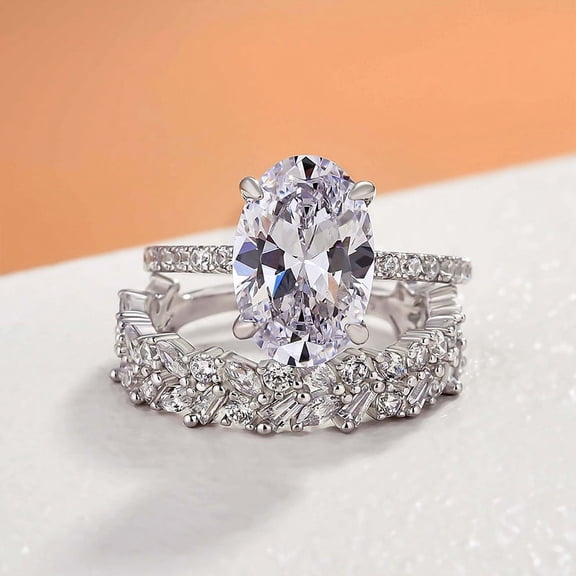 Dash Jewel 2 Ct Oval Cut Lab-Created Simulated Diamond Wedding Ring 14K White Gold Plated Bridal Set Style Engagement Ring for Women