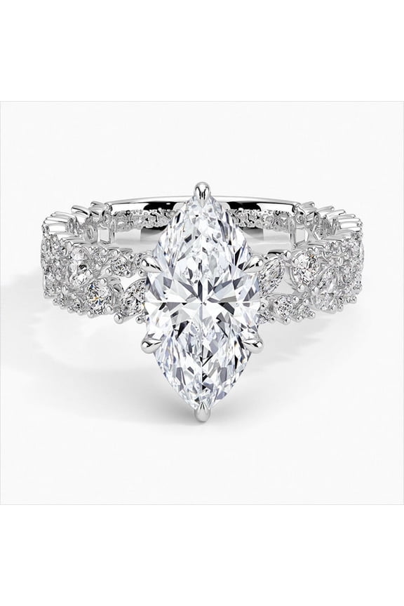Cluster Diamond Rings - 2.1 Ct VVS1/D Marquise Cut Lab Created Simulated Diamond Ring - Silver 14K White Gold Plated Ring - Multi Diamond Rings for Her - Engagement Wedding Diamond Ring