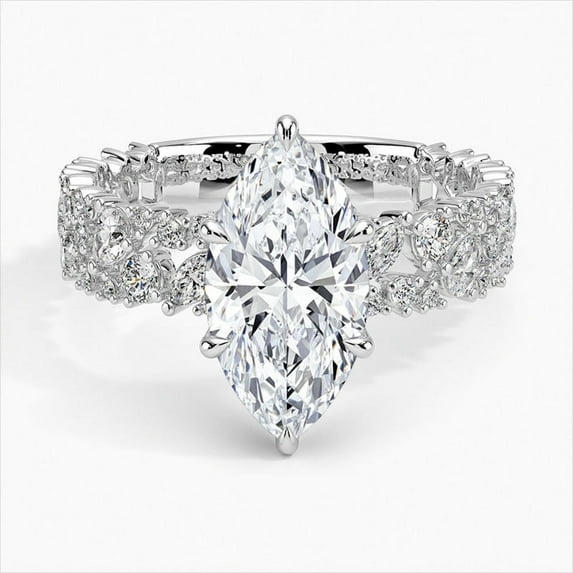 Dash Jewel Cluster Diamond Rings - 2.1 Ct VVS1/D Marquise Cut Lab Created Simulated Diamond Ring - Silver 14K White Gold Over Ring - Multi Diamond Rings for Her - Engagement Wedding Diamond Ring