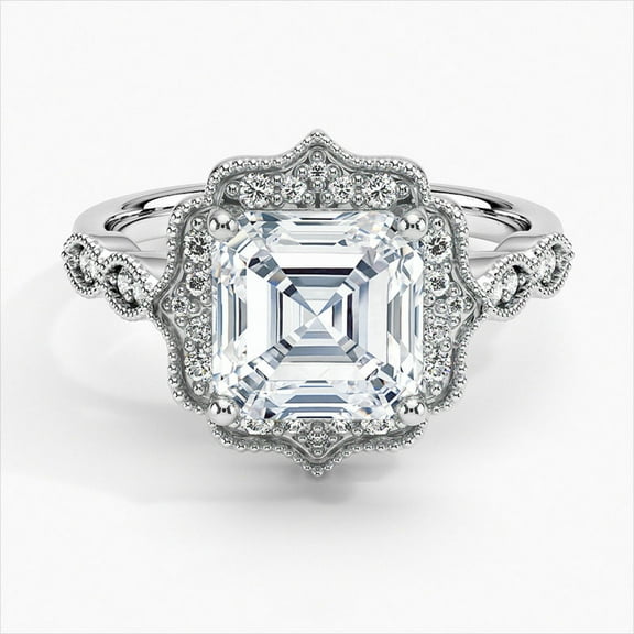 Dash Jewel Excellent 1.9 Ct Asscher Cut Diamond Rings - Silver 14K White Gold Plated Rings - Vintage Halo Diamond Rings for Women's -Milgrain Diamond Rings - Solitaire With Accent Diamond Rings