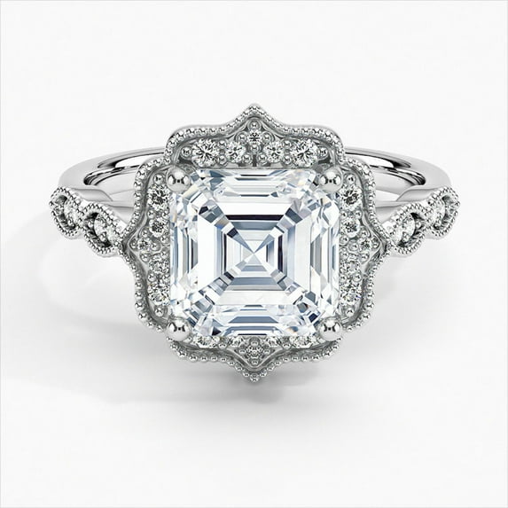 Dash Jewel Excellent 1.9 Ct Asscher Cut Diamond Rings - Silver 14K White Gold Over Rings - Vintage Halo Diamond Rings for Women's -Milgrain Diamond Rings - Solitaire With Accent Diamond Rings