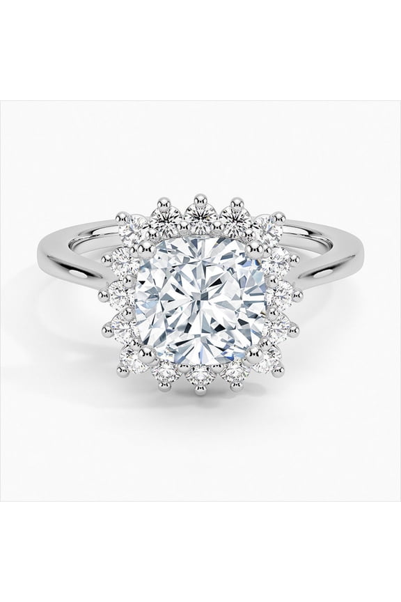 Excellent 2 Ct Cushion Cut Lab Created Simulated Diamond Ring - Silver 14k White Gold Over Rings for Women's - Floral Diamond Rings for Women's - Halo Diamond Rings for Women's