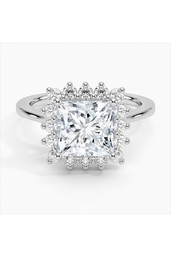 Halo Diamond Rings for Women's - Silver 14K White Gold Plated Rings for Women's - Excellent 2 Ct Princess Cut Lab Created Simulated Diamond Rings for Her - Floral Diamond Rings for Her