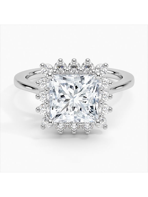 Halo Diamond Rings for Women's - Silver 14K White Gold Plated Rings for Women's - Excellent 2 Ct Princess Cut Lab Created Simulated Diamond Rings for Her - Floral Diamond Rings for Her