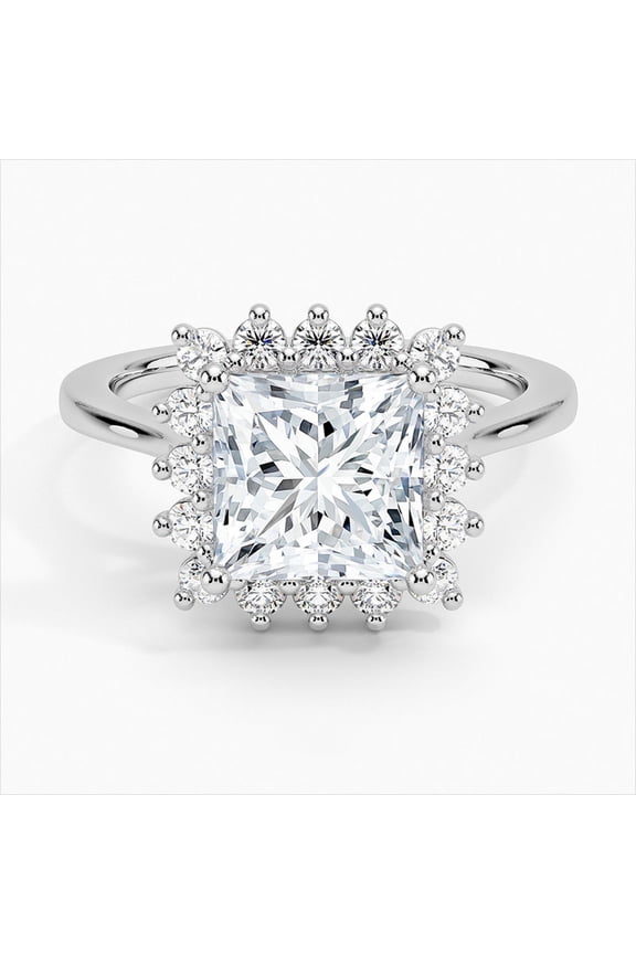 Halo Diamond Rings for Women's - Silver 14k White Gold Over Rings for Women's - Excellent 2 Ct Princess Cut Lab Created Simulated Diamond Rings for Her - Floral Diamond Rings for Her