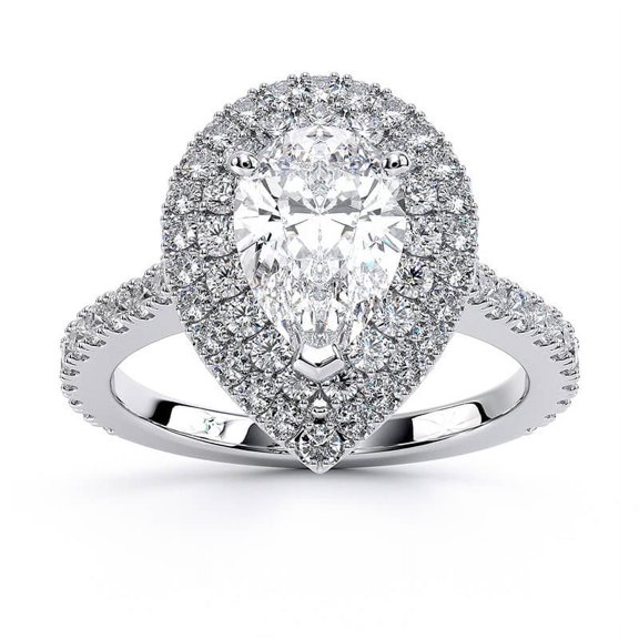 Dash Jewel Pear Cut Double Halo Engagement Wedding Ring for Women - 1.9 Ct Lab Created Simulated Diamond - 14K White Gold Plated - Prong Setting Promise Ring for Her - Perfect Gift for Occasions