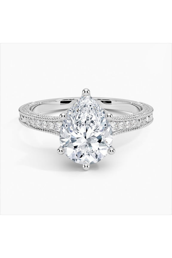 Silver 14K White Gold Plated Diamond Ring - 1.7 Ct VVS1/D Pear Cut Lab Created Simulated Diamond Rings - Multi-Stone Wedding Diamond Rings for Her - Vintage Milgrain Solitaire Rings