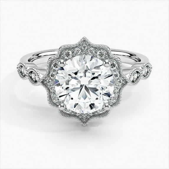 Dash Jewel Silver 14K White Gold Over Ring - Brilliant 2 Ct Round Cut Diamond Ring - Millgrain Diamond Ring for Her - Vintage Halo Diamond Rings for Women's - Solitaire With Accent Diamond Rings
