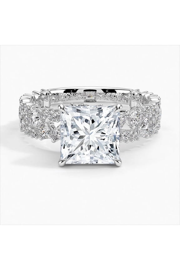 White Gold Over 14K Silver Diamond Ring - Excellent 2 Ct Princess Cut Diamond Rings - Cluster Diamond Rings - Multi Diamond Rings for Her - Unique Engagement Wedding Diamond Rings