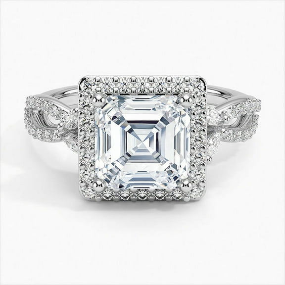 Dash Jewelry 14K White Gold Plated Wedding Anniversary Ring - 2 Ct VVS1/D Asscher Cut Moissanite Ring - Vintage Halo Ring for Her - Twisted Cross Over Infinity Halo Moissanite Rings