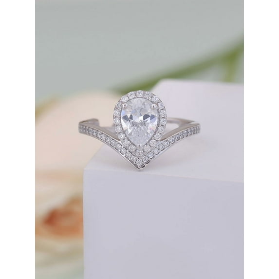 Dash Jewelry 14k White Gold Plated 2.1 Ct Pear Cut VVS1/D Moissanite Engagement Ring - Stunning Chevron Design - Celebrate Your Love Story with This Beautiful Halo Moissanite Ring