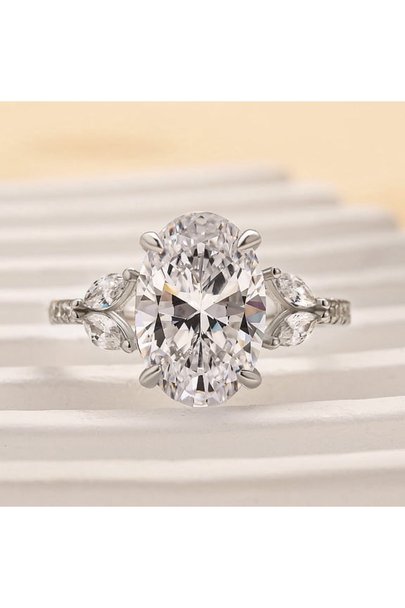ry 14k White Gold Plated Ring - 2.5 Ct Oval Cut VVS1/D Moissanite Women's Ring - Simple Solitaire with Accents and Leaf Shape Ring - Perfect Gift for Her Special Day