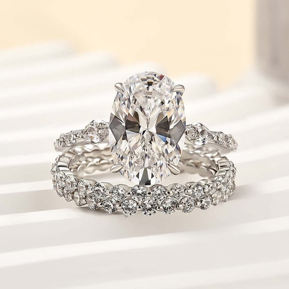 Dash Jewelry 14k White Gold Plated Wedding Ring - 2.1 Ct Oval Cut VVS1/D Moissanite Women's Engagement Ring - Trio Set Wedding Ring - A Perfect Gift for Her Special Day Ring
