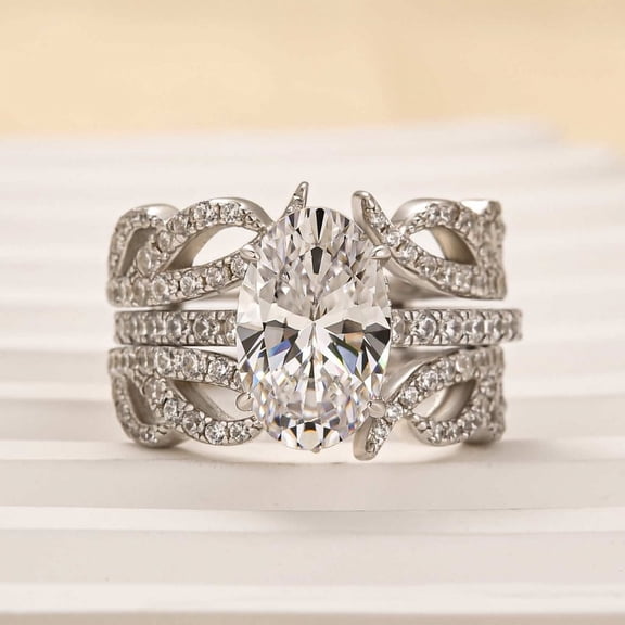 Dash Jewelry 14k White Gold Plated Wedding Ring - 2 Ct Oval Cut VVS1/D Moissanite Women's Engagement Ring - Trio Set Solitaire with Accents Wedding Ring - Wedding Ring for Her