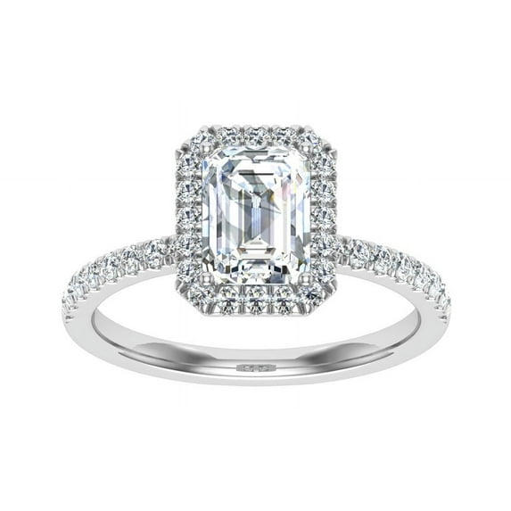 Dash Jewelry 2.1 Ct Emerald Cut Engagement Ring - Solitaire with Accents Halo with Moissanite Rings - 14K White Gold Plated Ring for Women's - Engagement Wedding Rings
