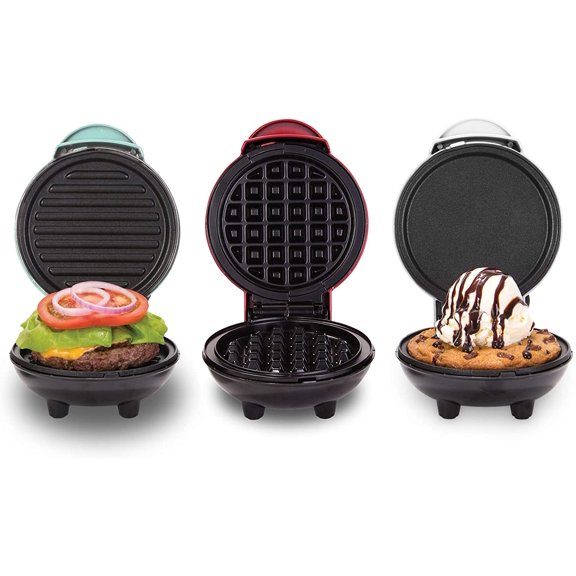 Dash Mini Maker Set - Customized Treat Supports Multi-Function Cooking Easy Cleanup and User-Friendly Design White, Aqua & Red Waffle, Grill Griddle Irons
