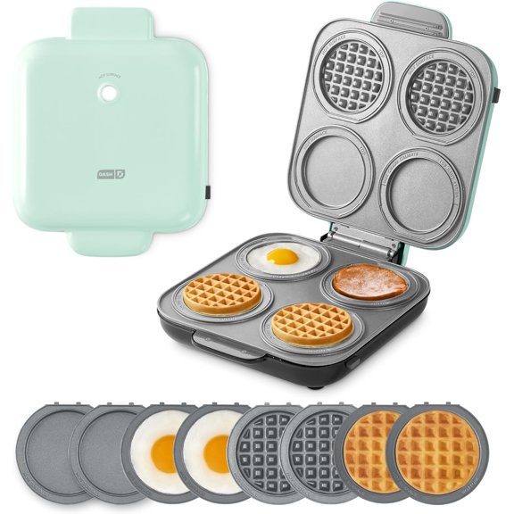 Dash MultiMaker Family Mini Maker System - Dual Ceramic Nonstick Cooking Surfaces Built-In Cord Wrap Makes 4-Inch Waffles Aqua, 8 Plates