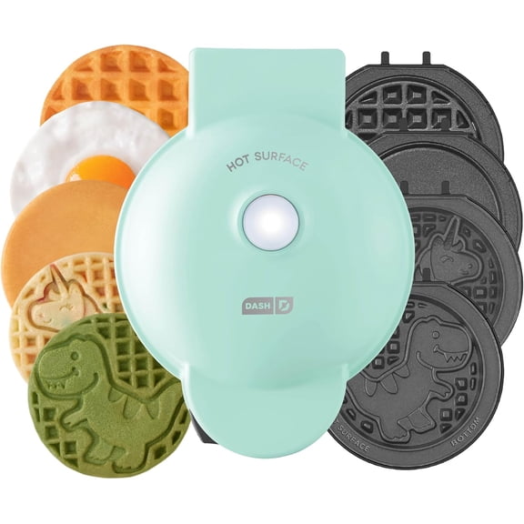 Dash MultiMaker Mini System - Compact Waffle Maker for Family Breakfasts Removable Griddle Plates & nonstick surface 6 Aqua