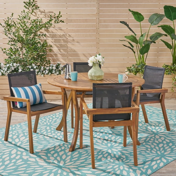 Dash Outdoor 5 Piece Acacia Wood and Mesh Round Dining Set, Teak, Black