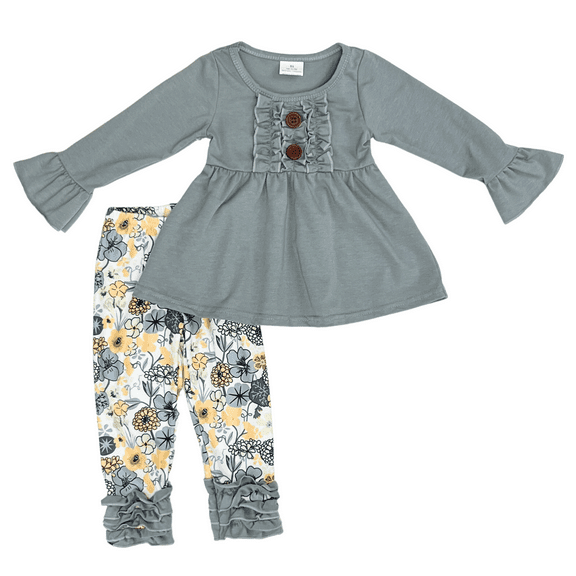 Dash of Glitter Girls Gray Long Sleeve Top and Floral Print Icing Pants 2-piece Outfit, Sizes 2T-14/16