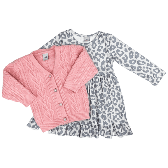 Dash of Glitter Girls Long Sleeve Gray Leopard Dress with Pink Knit Long Sleeve Button Up Cardigan, Sizes 2T-10