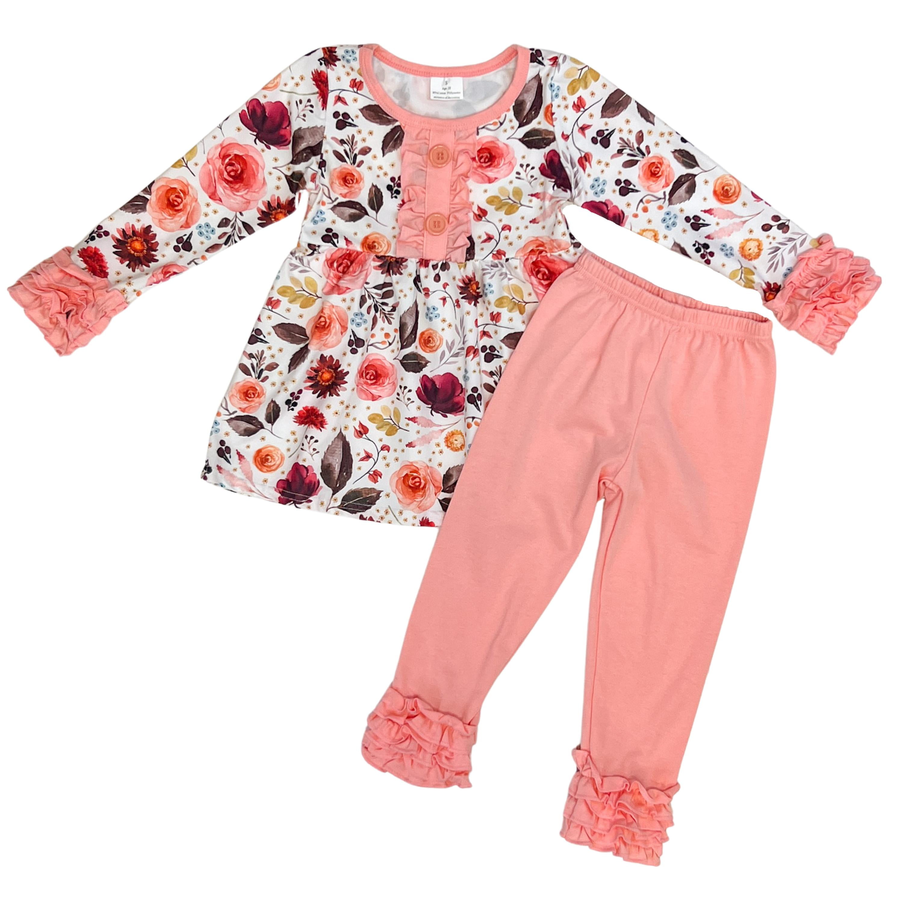 Dash of Glitter Girls Pink Long Sleeve Top and Floral Print Icing Pants 2 piece Outfit Sizes 2T 14 16