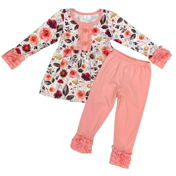 Dash of Glitter Girls Pink Long Sleeve Top and Floral Print Icing Pants 2-piece Outfit, Sizes 2T-14/16