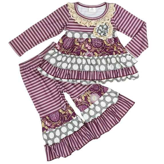 Dash of Glitter Girls Stripe Long Sleeve Top and Bell Bottom Pants 2-piece Outfit, Sizes 2T-14/16