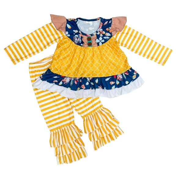 Dash of Glitter Girls Yellow Stripe Long Sleeve Top and Ruffle Pants 2-piece Outfit, Sizes 2T-10