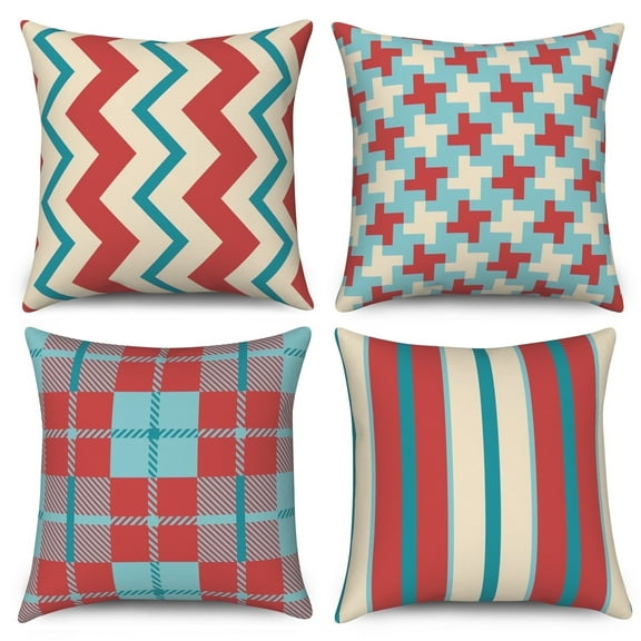 Dashan 18x18 Plaid Geometric Decorative Pillow Covers,Set of 4,Red and Blue