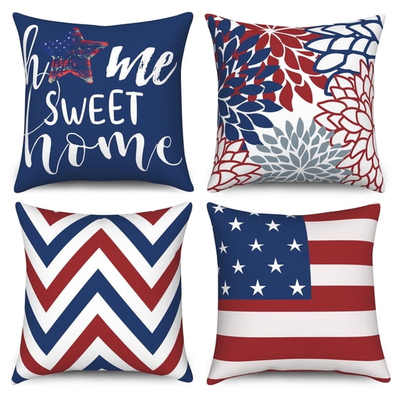 Dashan 4th of July Flower Pillow Cover 16x16 Set of 4,Red Blue Patriotic Cushion Cases for Couch Sofa Bed Home Decor
