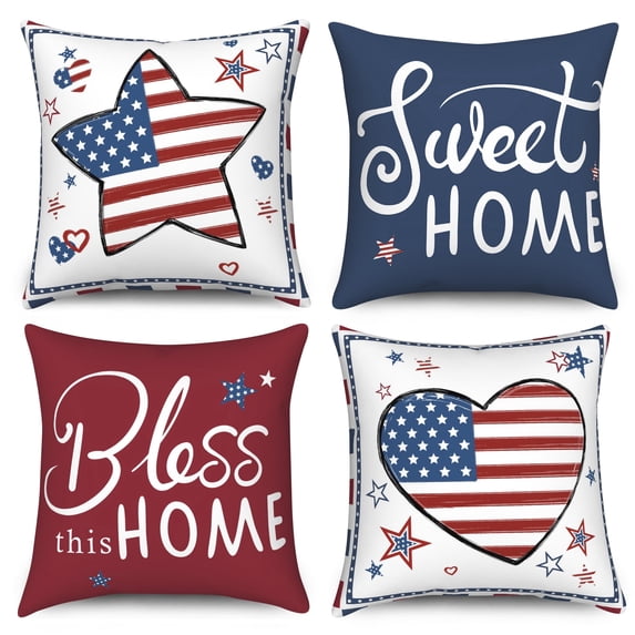 Dashan 4th of July Throw Pillow Covers 18x18 Set of 4,Independence Day Red Blue Stars Pillow Cases for Bedroom Sofa Couch