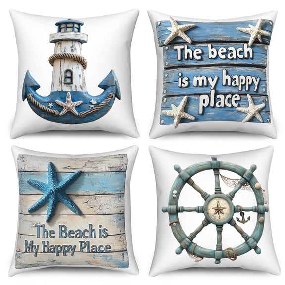 Dashan Beach Throw Pillow Cover 16x16 Set of 4,Coastal Nautical Blue Cushion Cases for Couch Sofa Bed Home Decor